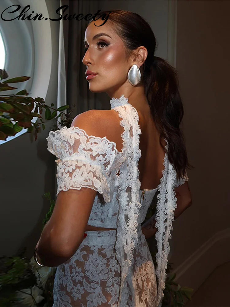Beach Lace Skirt Set Women Sexy Hollow Out Square Collar Ribbon Crop Top A-line Split Skirt 2025 Spring Summer Lady Suit