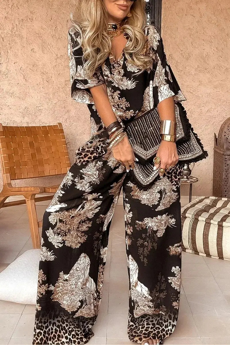 2026 American New Fashion Women's Loose Casual Trendy Printed 2 Piece Sets V-neck Short Sleeve Pullover T-shirts Wide Leg Pants