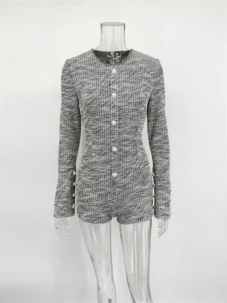 Women Beige Tweed Long-sleeve Romper Button-detail Bodycon Sexy Jumpsuit New Spring Summer Lady Style Dating Party 2026 Outfit