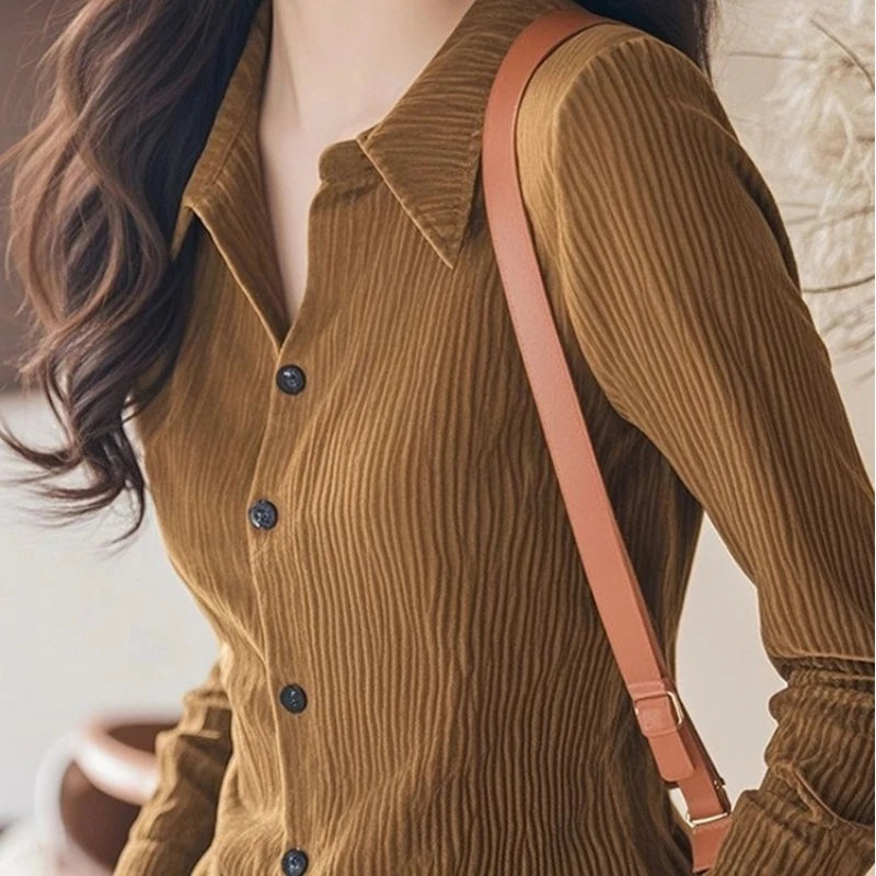 Spring Autumn New Korean Lazy Button Blouse Polo Neck Long Sleeve Solid All-match Fashion Shirt Tops Office Trend Women Clothing