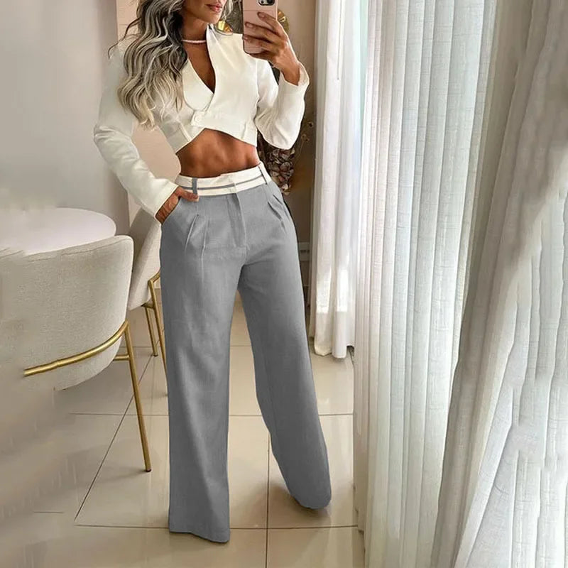 Ensemble Crop Top et Pantalon Large Femme - Tailleur 2 Pièces Élégant