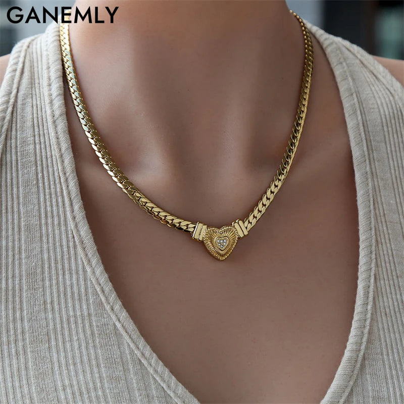 Heart-Shaped Rhinestone Choker Necklace – Waterproof Stainless Steel | GANEMLY