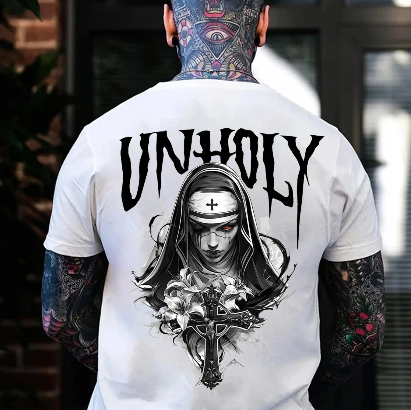 UNHOLY Tattooed Nun With Cross Necklace Graphic Black Print T-Shirt Gothic Sweatshirt  Hoodie Y2K Summer Oversized Man