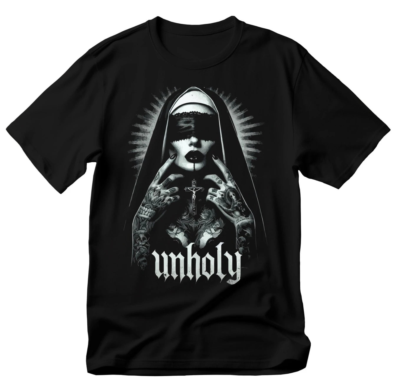 UNHOLY Tattooed Nun With Cross Necklace Graphic Black Print T-Shirt Gothic Sweatshirt  Hoodie Y2K Summer Oversized Man