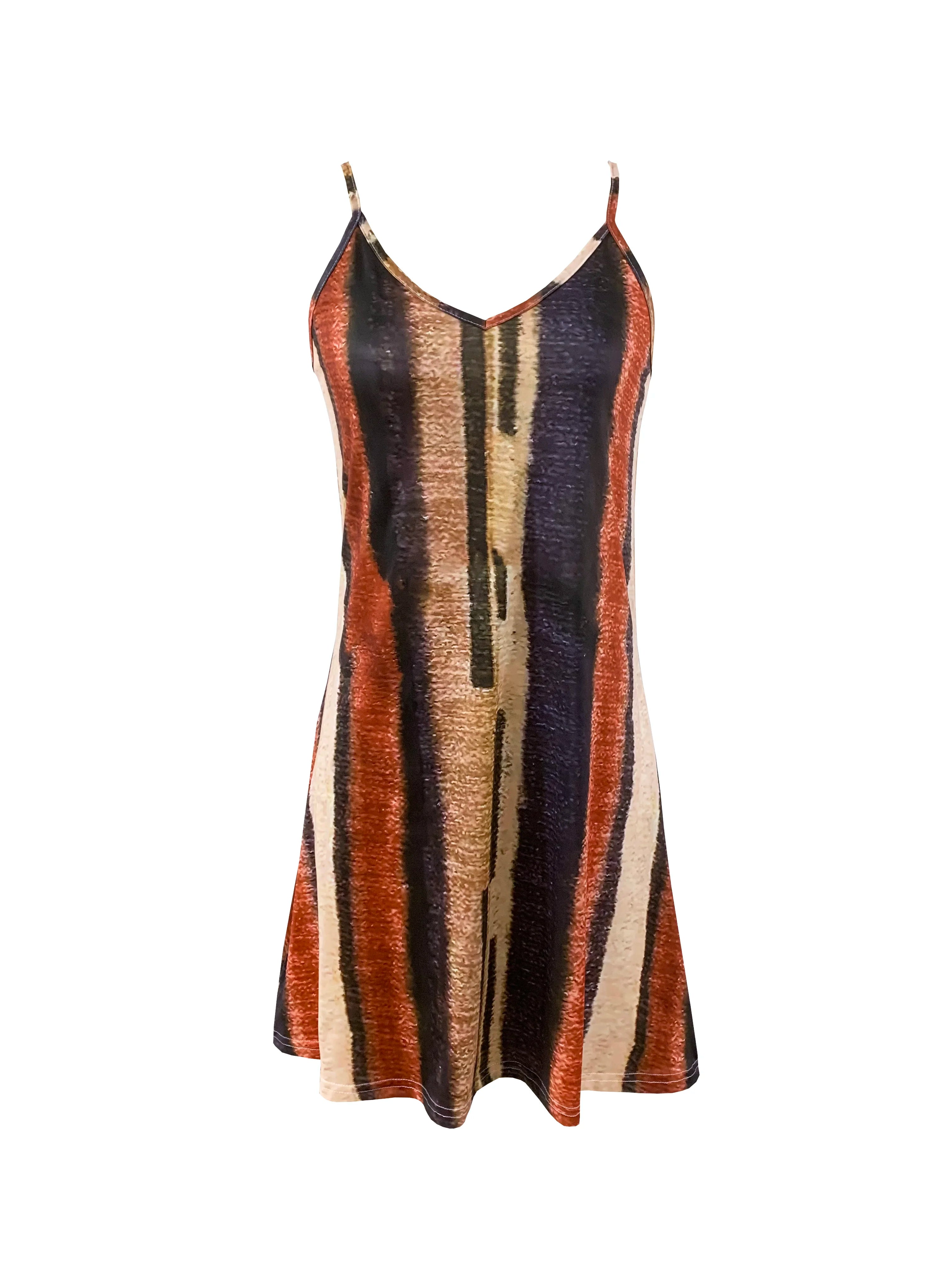 Women's Sleeveless Striped V-Neck Dress – A-Line Cut Summer Casual