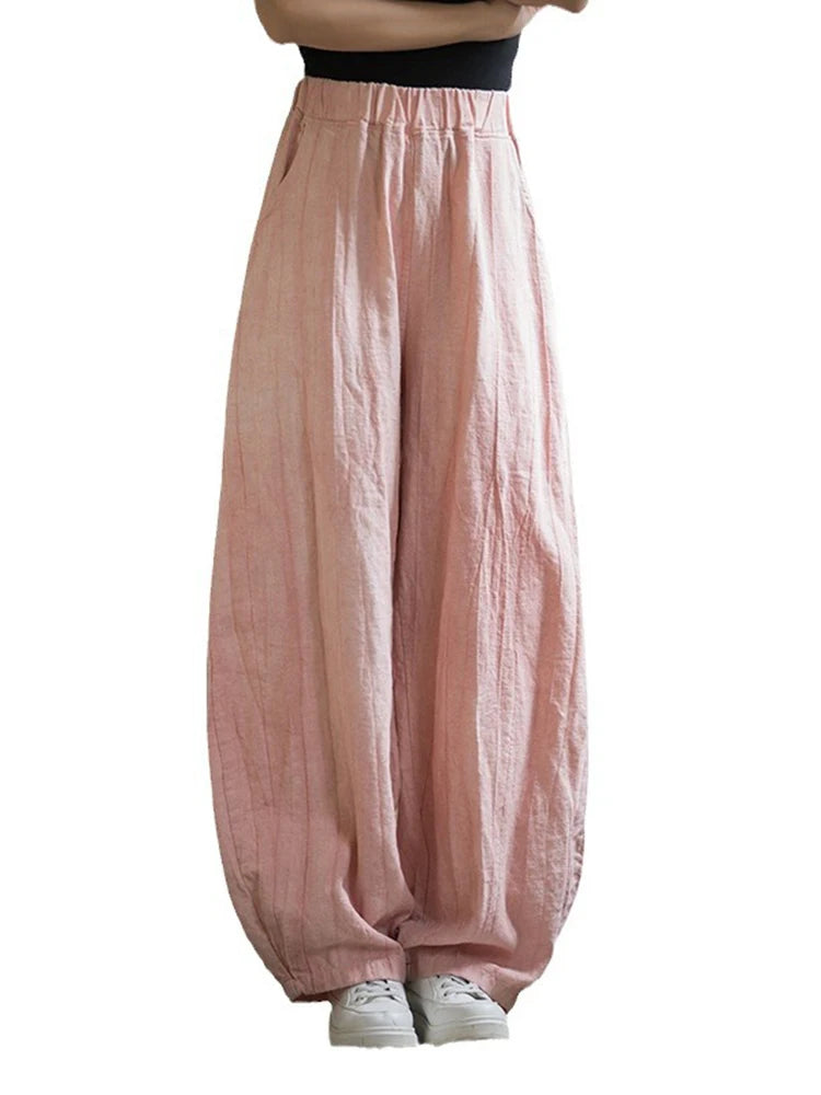 LANMREM Casual Cotton Linen Lantern Pants Women Elastic High Waist Solid Color Versatile Trousers 2025 Spring New 2Z2136