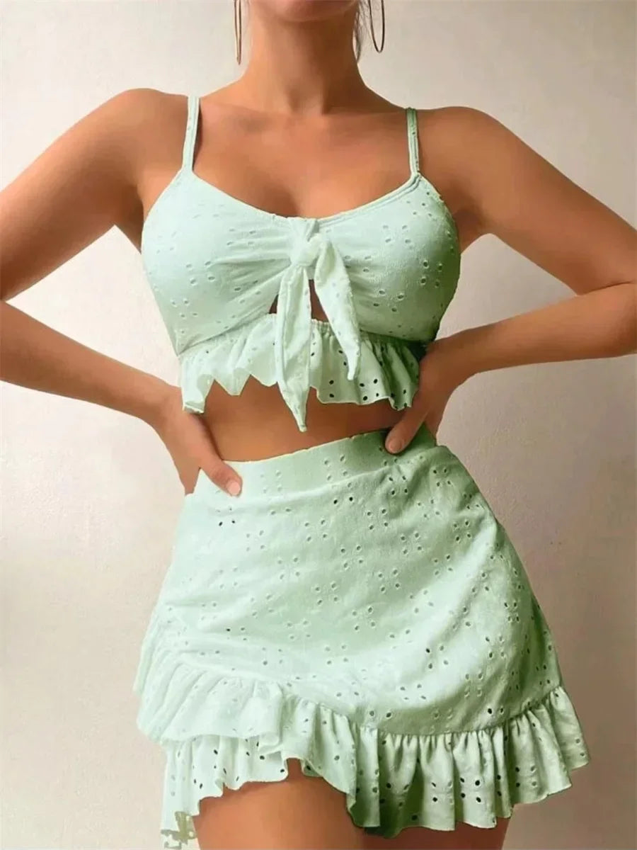 Sexy White 3 Piece Bikinis Set 2026 Women Halter Cut Out Tie Up Ruffles Push Up Skirt Swimsuit Bathing Suit High Waist Swimwear