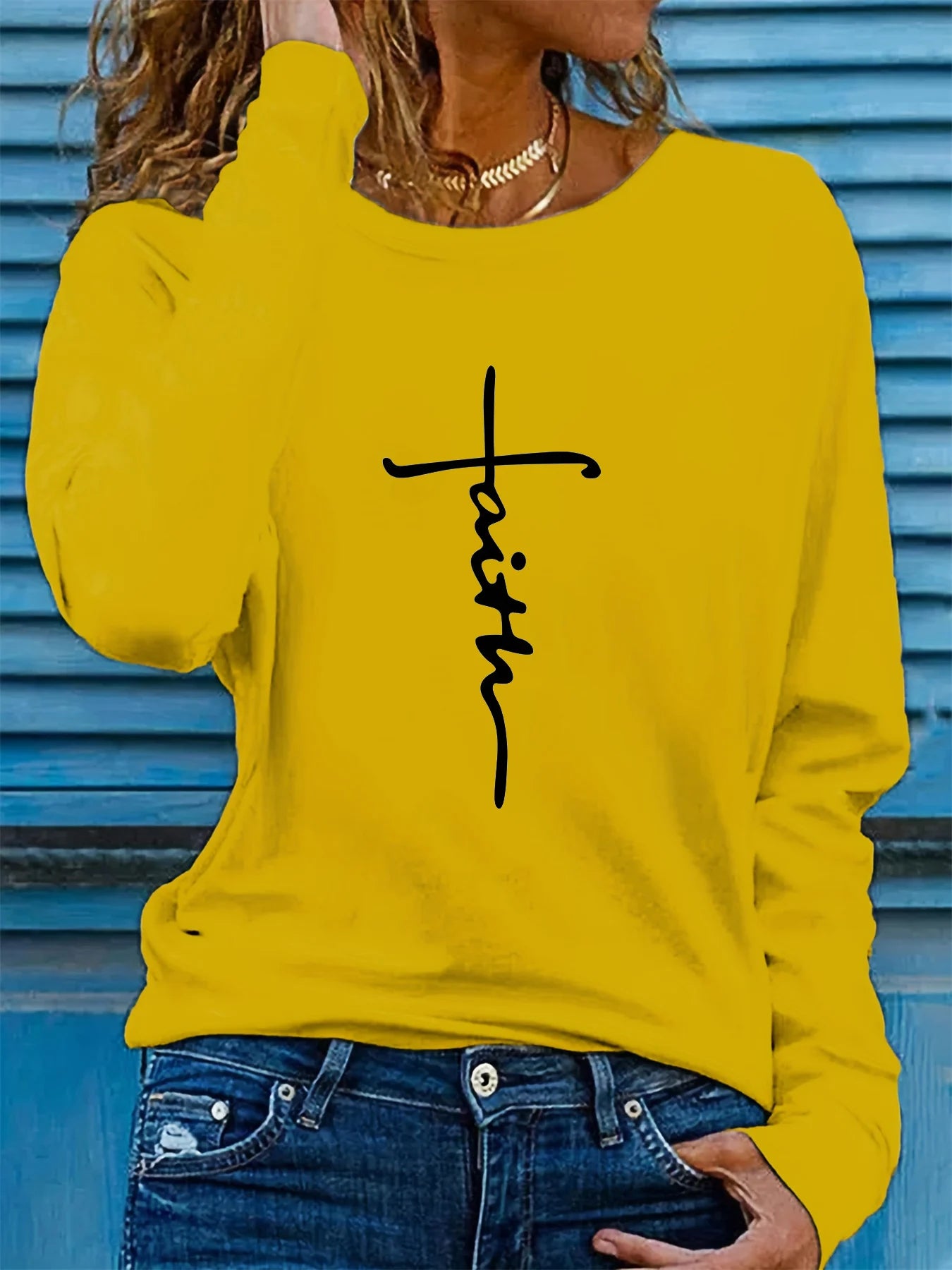 100% pure cotton women's spring and autumn loose comfortable faith cross graphic printed long sleeved round neck T-shirt