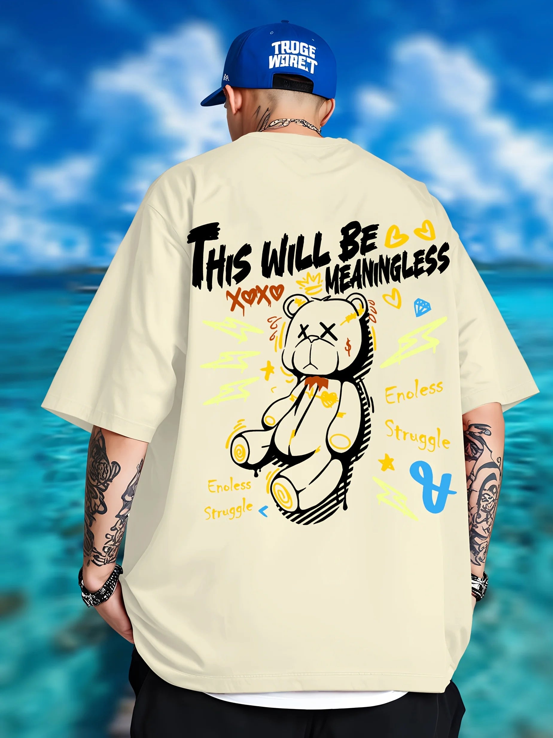 Summer men's fashionable teddy bear print breathable and comfortable round neck T-shirt outdoor street style top