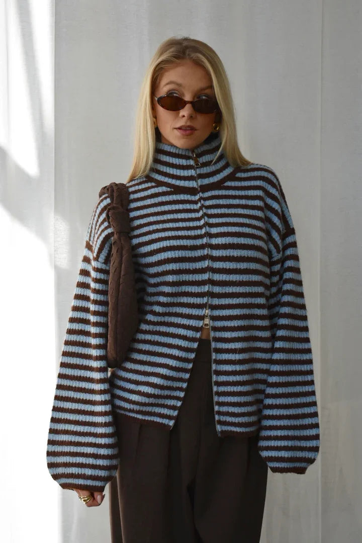 Casual Turtleneck Knitted Ribbed Women Sweater Loose Full Sleeve Zippers Cardigan 2026 Spring Fashion Lady Minimalist Outerwear