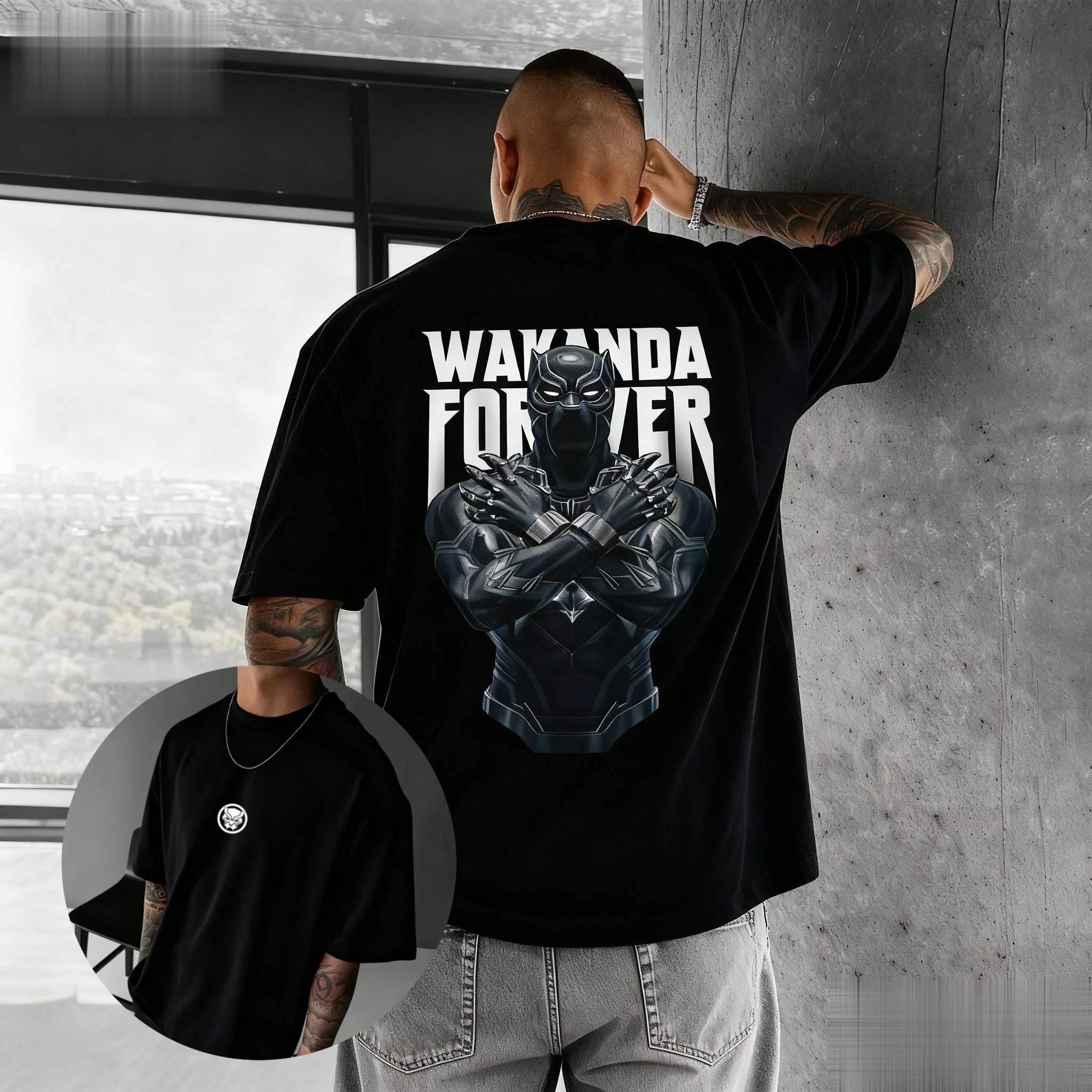 The Man's Multi-color T-shirt with Black Panther Pattern and Striped Background Design Is A Surprising Casual Streetwear