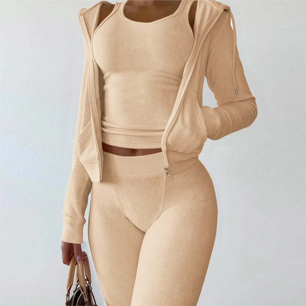 Ensemble 3 Pièces Femme Automne Hiver - Sweat Gilet Pantalon Velours