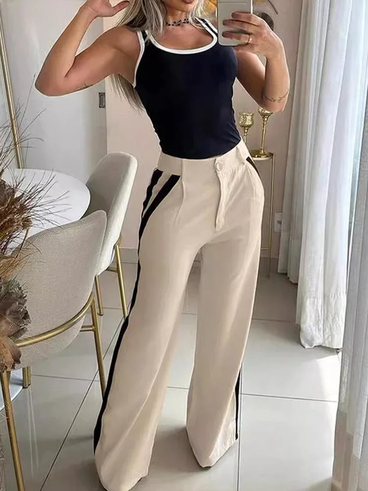 Ensemble 2 pièces pour femme – Débardeur col en V et pantalon large rayé taille haute