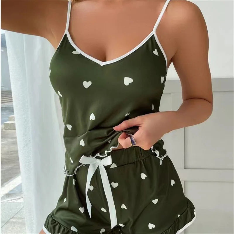 Ensemble Pyjama 2 Pièces Femme – Top Bretelles & Short Imprimé