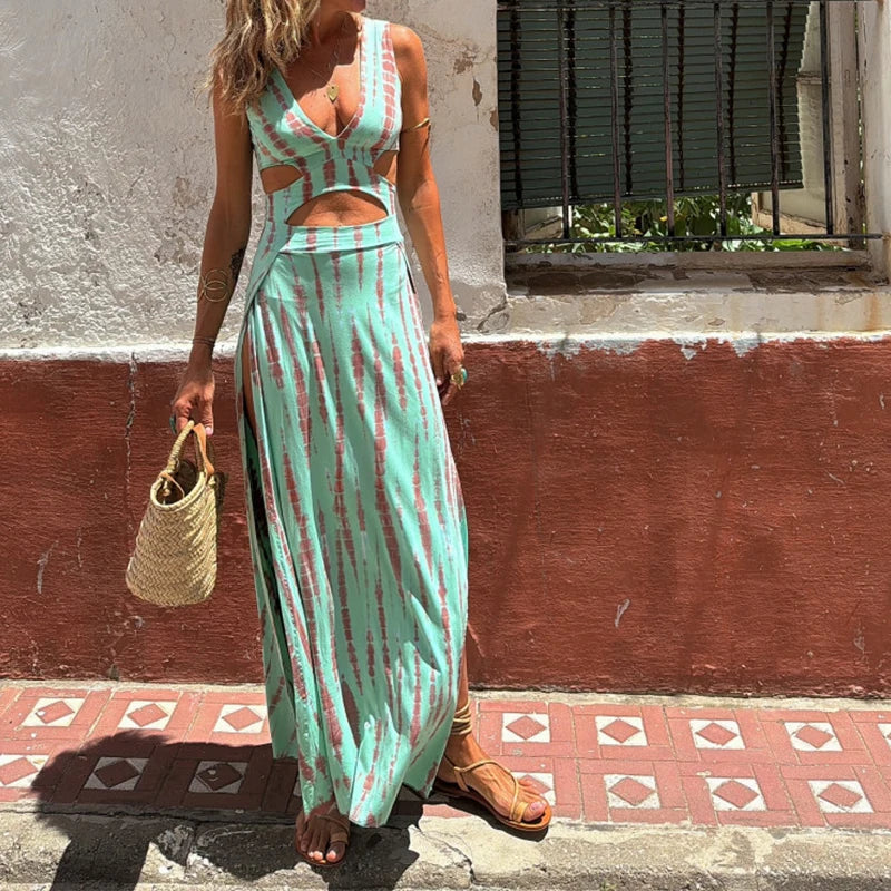 Robe Été Imprimée Femme – Col V, Fendue, Style Plage & Soirée