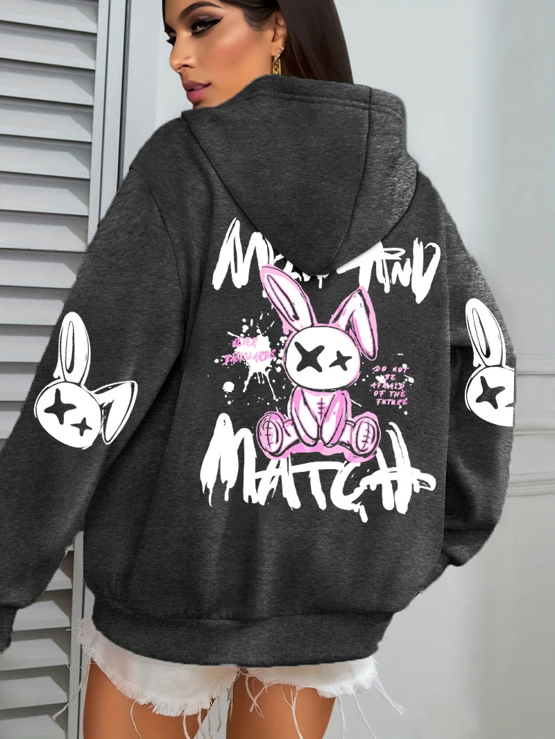 Hoodie Femme Imprimé Lapin – Style Streetwear Harajuku