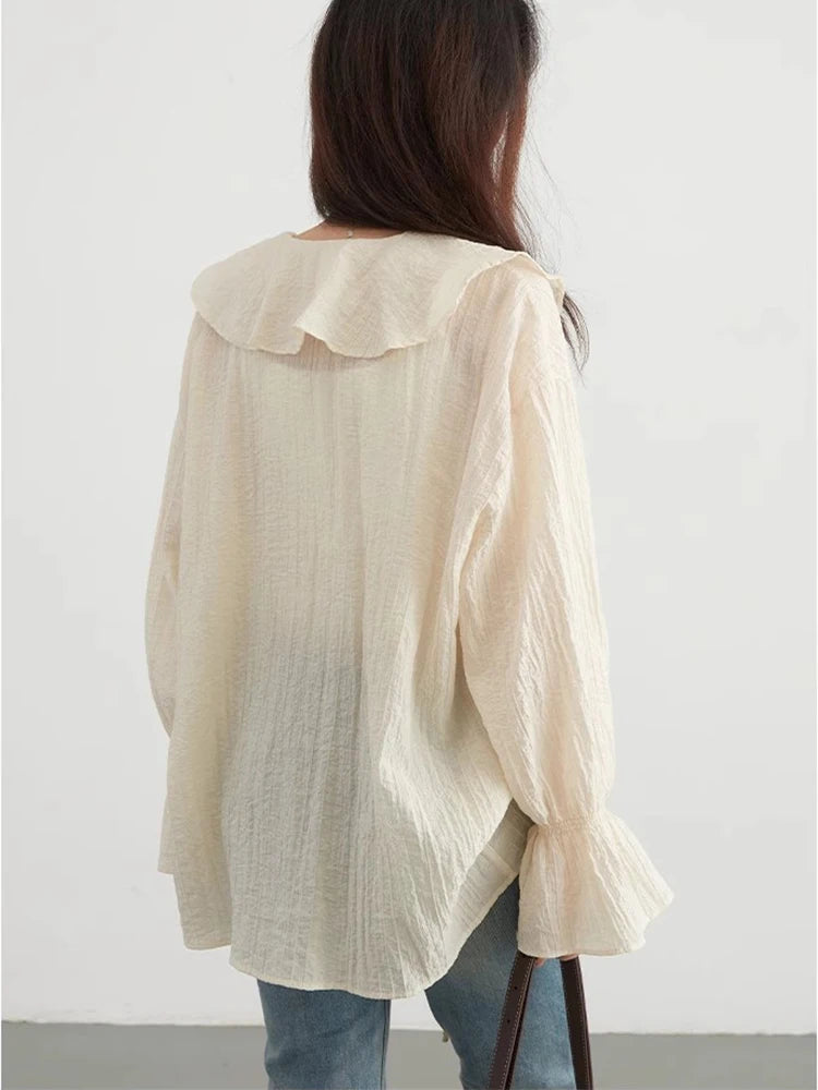 CHIC VEN Women Shirt Loose Casual Ruffled Edges Female Blouses Solid V Neck Lace Up Mid Length Ladies Shirts Spring Summer 2026