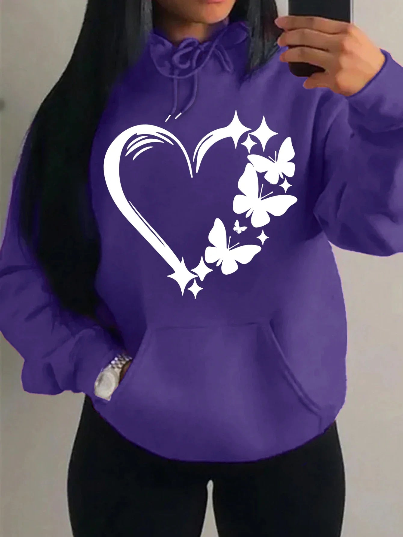 Sweat à capuche Femme Motif Amour et Papillon Hip Hop Streetwear Poches Vêtements Rétro Multicolore