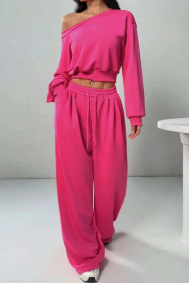 Ensemble oversize pour femme, idéal pour l'automne et l'hiver, avec épaules dénudées et manches longues, couleur unie. Taille élastiquée avec cordon de serrage.