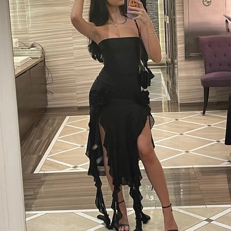 Robe Courte Femme Bustier Sexy Florale Plissée Ourlet Fendu Haut 2024 Unie Dos Nu Sans Manches Noire Et Rose Robe de Soirée Vestidos