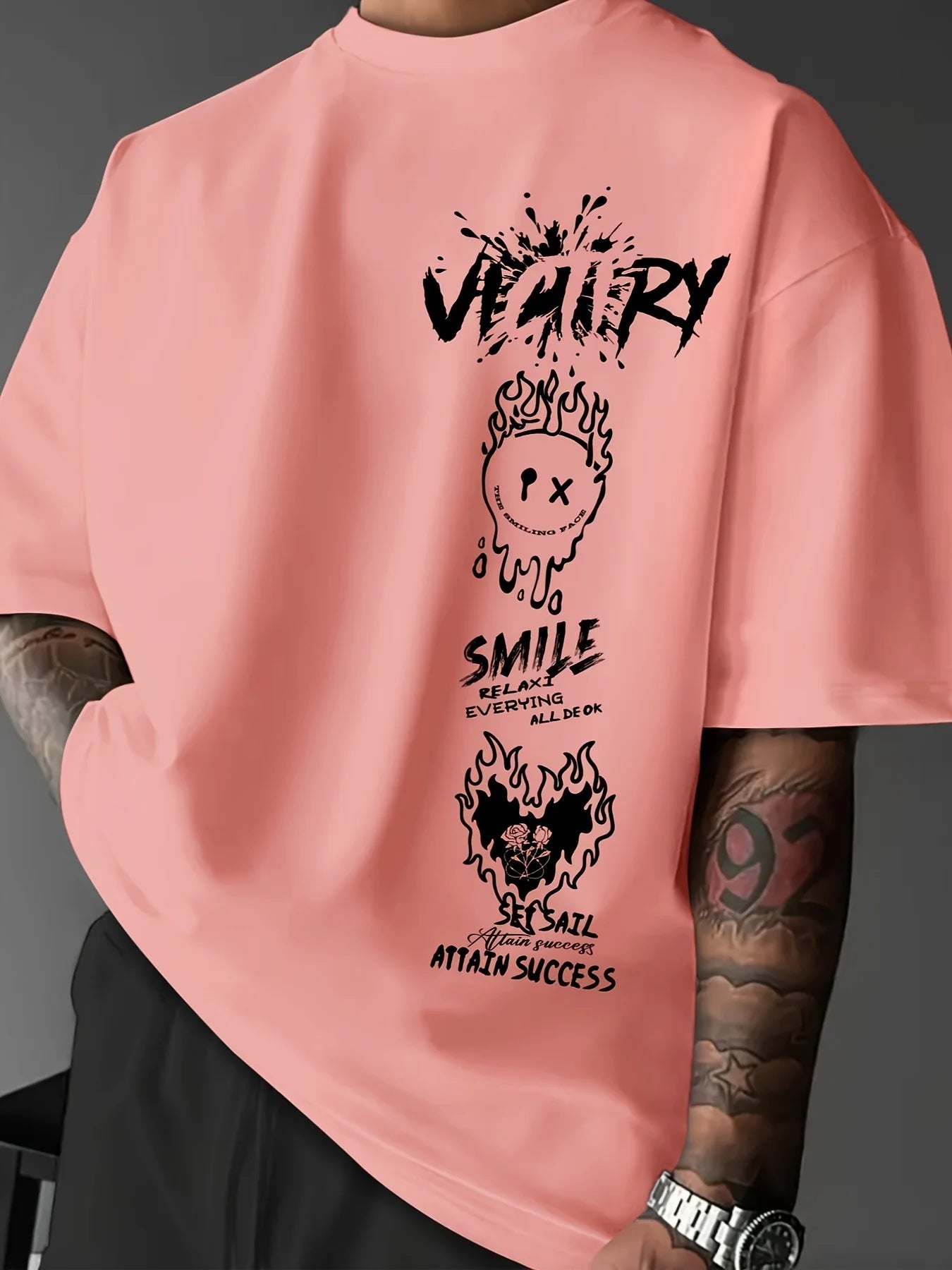 Men's 100% pure cotton fashionable casual comfortable loose creative graffiti print sports round neck short sleeved T-shirt top