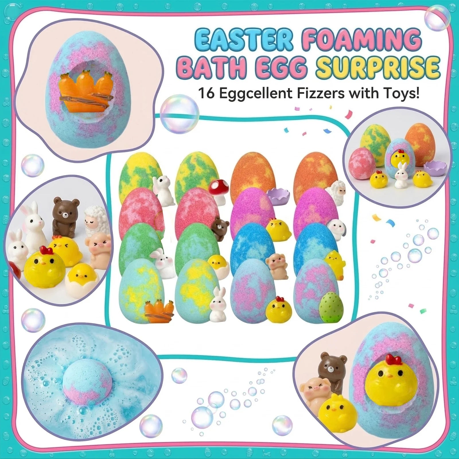 Pack of 16 Surprise Bath Bombs for Children – Hidden Toy, Assorted Colors & Scents