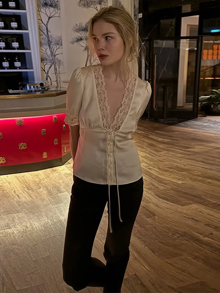 Women's V-Neck Lace Blouse – Button and Lace-Up Spring/Summer 2025