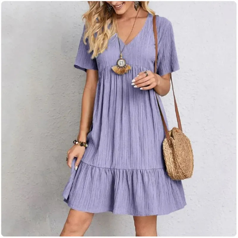 Peplum Dress with V-Neck and Short Sleeves – Flowy, Ruffled Cut