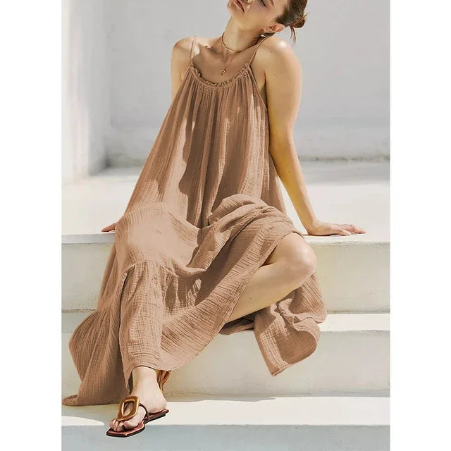 Vintage Muslin 100% Cotton Gauze Summer Dress Women Loose Sexy Sleeveless Ruched Long Maxi Party Desses Chic Sundress Vestidos