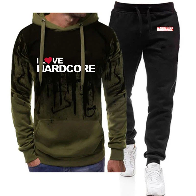 Hardcore Men's New Spring and Autumn Casual Printing Pullover Hoodie + Sweatpants Harajuku Gradient Color Two Piece Suit