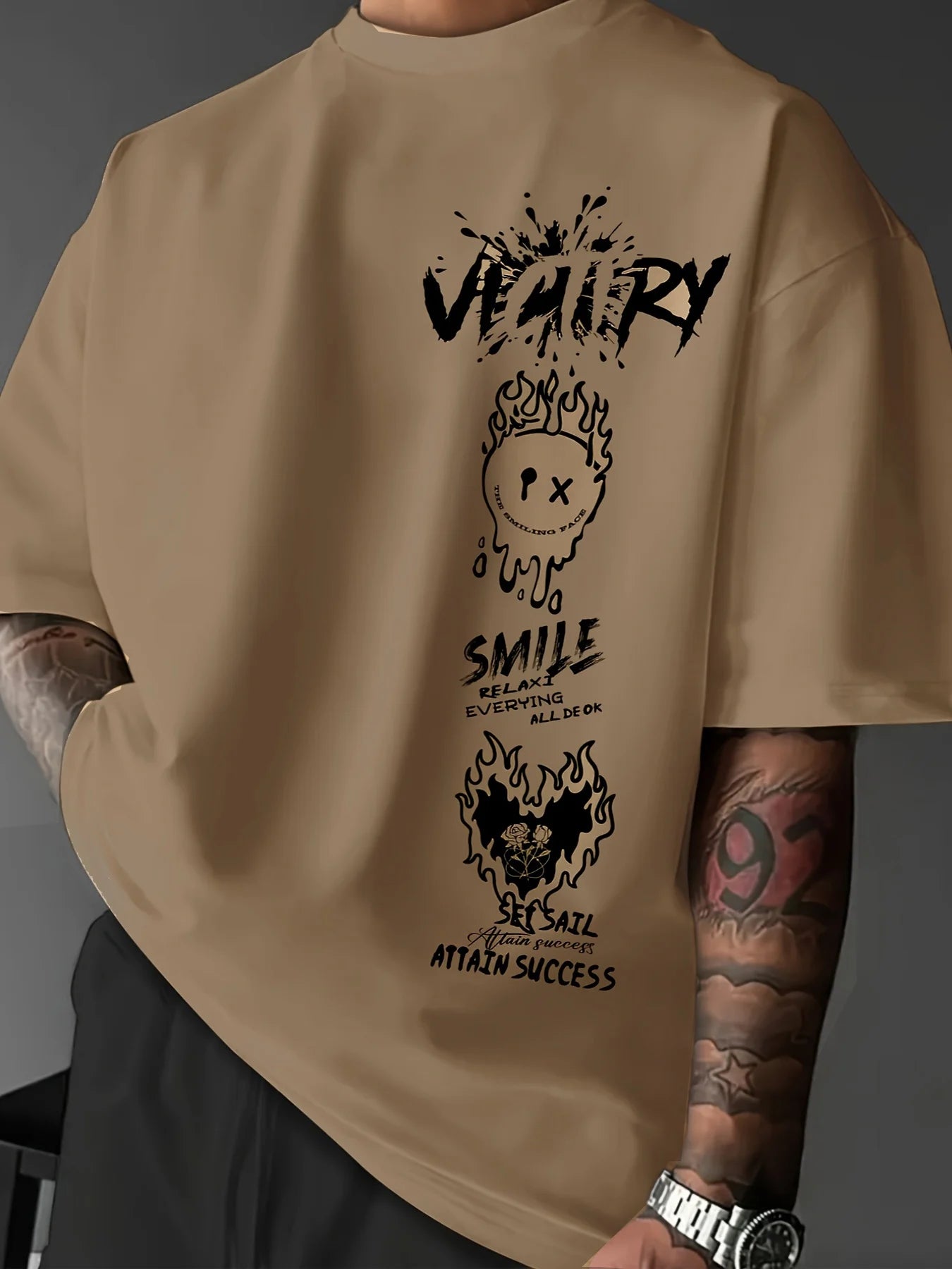 Men's 100% pure cotton fashionable casual comfortable loose creative graffiti print sports round neck short sleeved T-shirt top