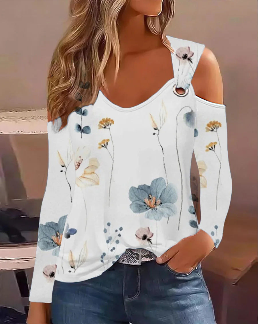 Fashion Woman Blouse 2026 Spring Denim Look Print Cold Shoulder Eyelet Casual Long Sleeve Daily T-Shirt Top Y2K Clothes