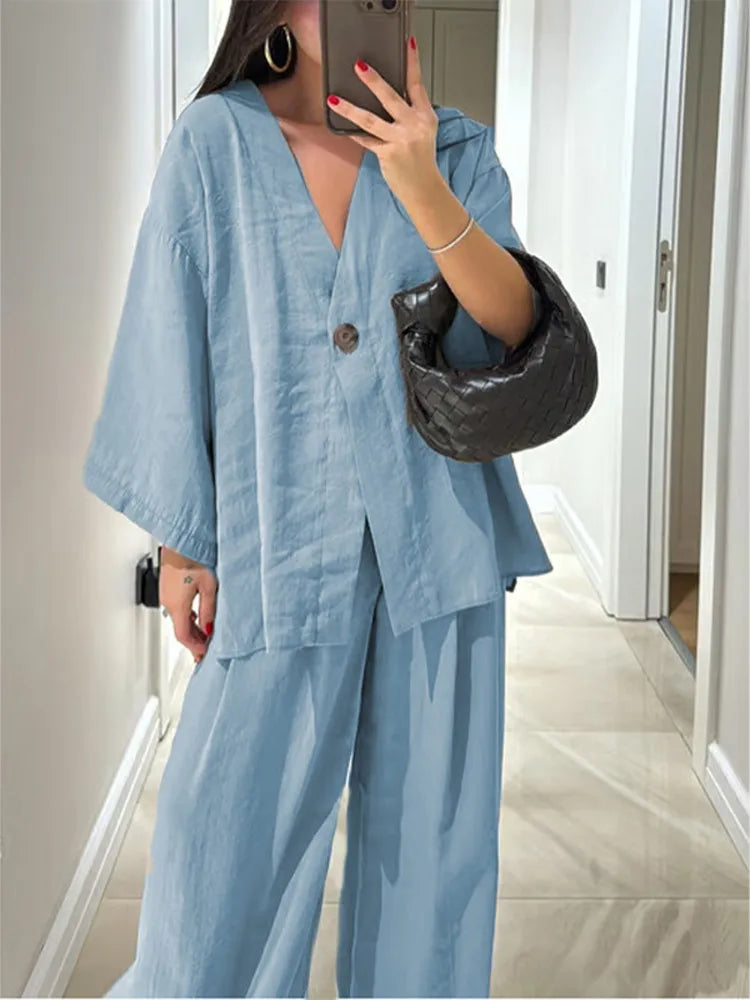 Casual Solid Cotton Linen Loose Shirt Pants Set Women Single Breasted Blouses Wide Leg Pants Suits Spring Summer Lady Outfits