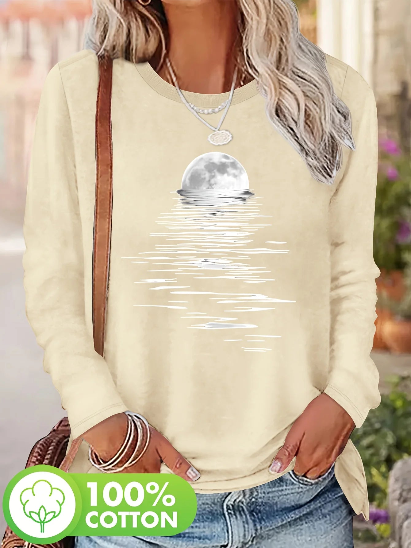 Women's T-Shirt 100% Cotton Moon & Sea Print – Round Neck Long Sleeves