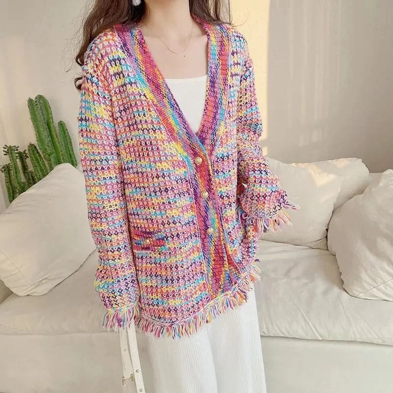 Spring Autumn New Rainbow Gentle Little Fragrance Flowing Suede Sweater Coat for Women's Loose and Lazy Knitted Cardigan Outwear