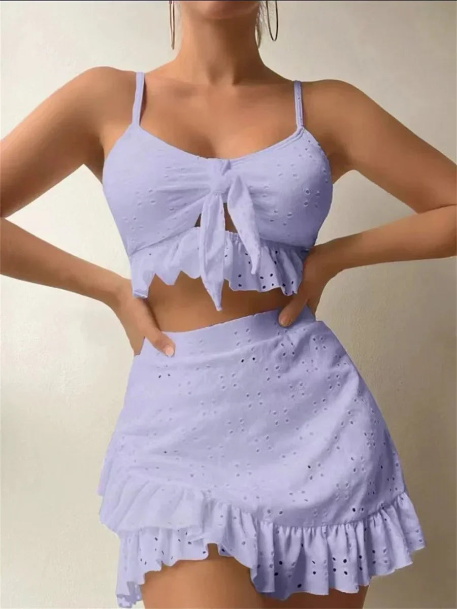 Sexy White 3 Piece Bikinis Set 2026 Women Halter Cut Out Tie Up Ruffles Push Up Skirt Swimsuit Bathing Suit High Waist Swimwear