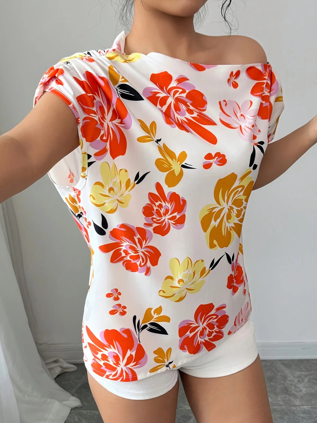 Fashionable Elegant Shoulder Design Floral Print Gentle Versatile Women's Top Stylish Trendy Ladies' Shirt