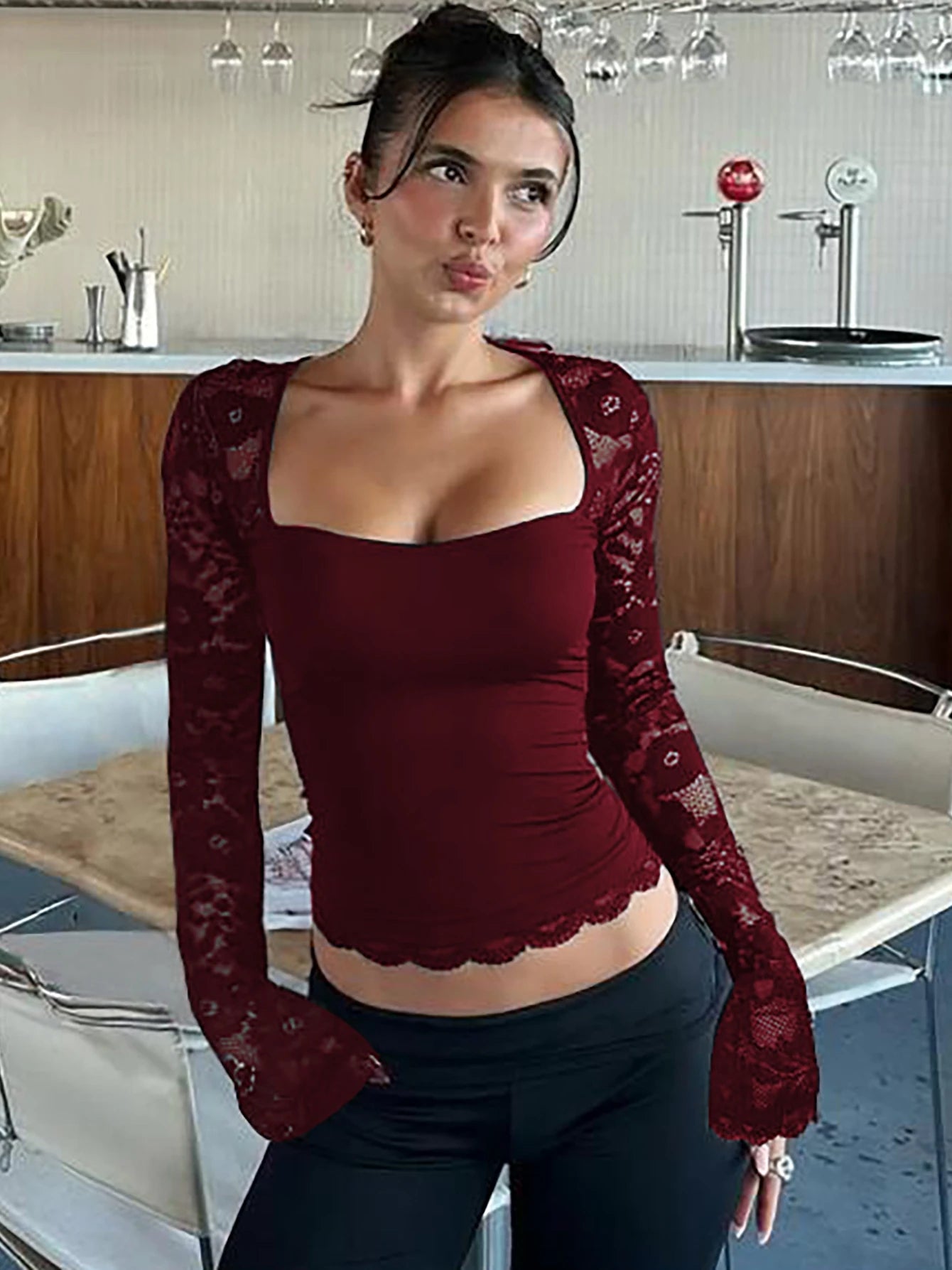 Hugcitar Women Fashion Square Collar Patchwork Lace Long Sleeve Sexy Crop T-Shirt Top Sheer Summer Vacation Clothes Night Club