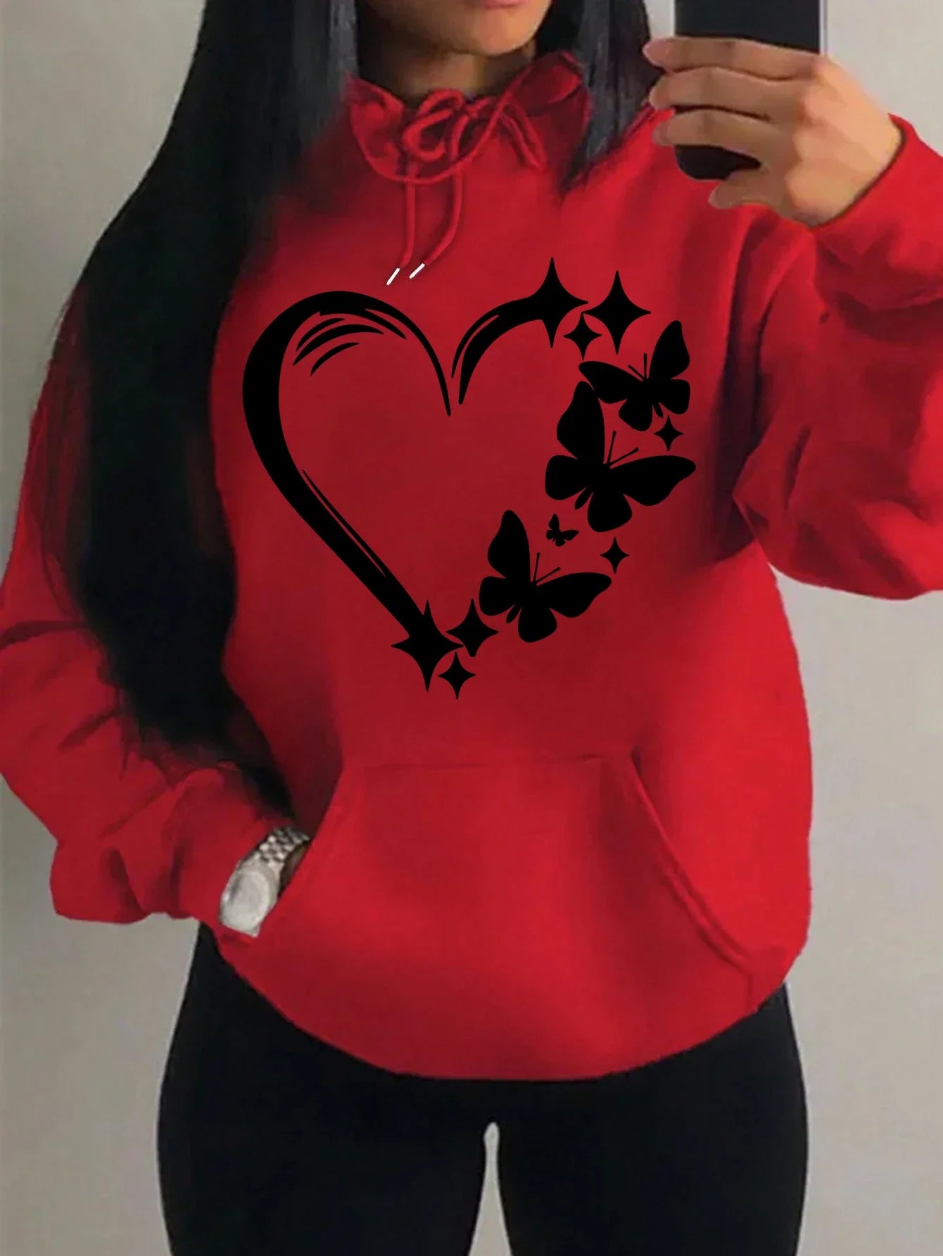 Sweat à capuche Femme Motif Amour et Papillon Hip Hop Streetwear Poches Vêtements Rétro Multicolore