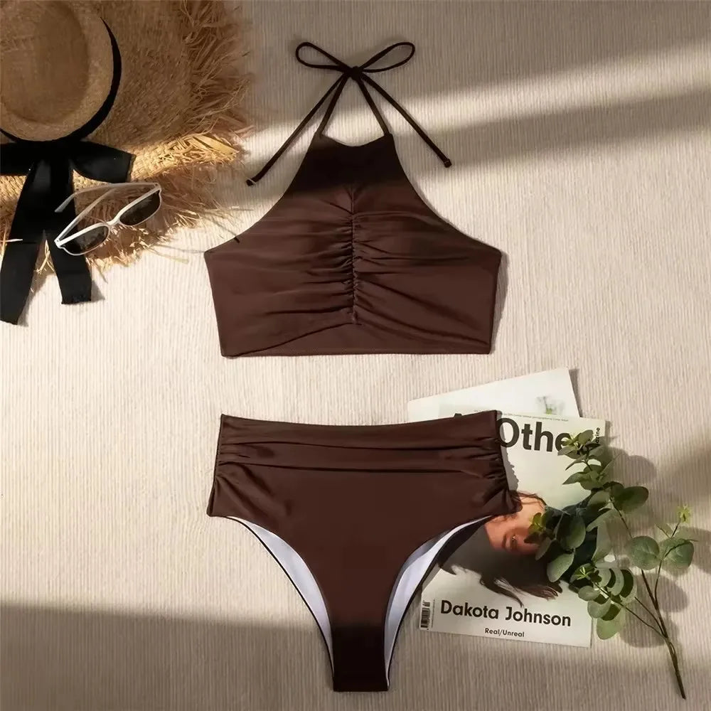 Dark Brown Solid Swimwears Halter String Push Up Bikini High Waist 2026 Ruched Sexy Swimsuit Swimming Suit Bikinis Sets Woman