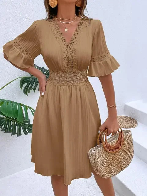 Women's Solid Dress 2026 New Summer Temperament Fashion Hollow Out V-neck Flared Sleeves Casual Women's Dress White Beach Dress