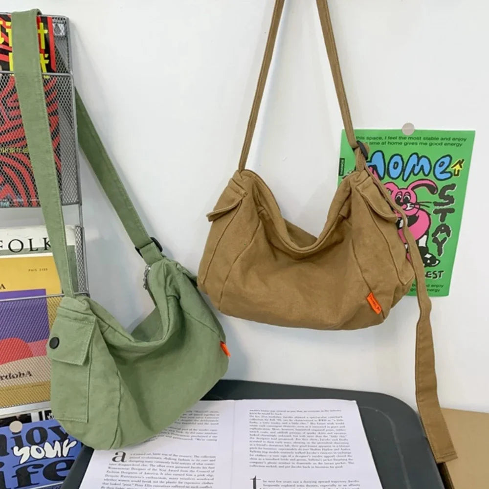 Female Canvas Fabric Hobo Soft Slouchy Shoulder Bag Y2K Student Leisure Medium Size School Book Laptop Pouch Messenger Side Bag