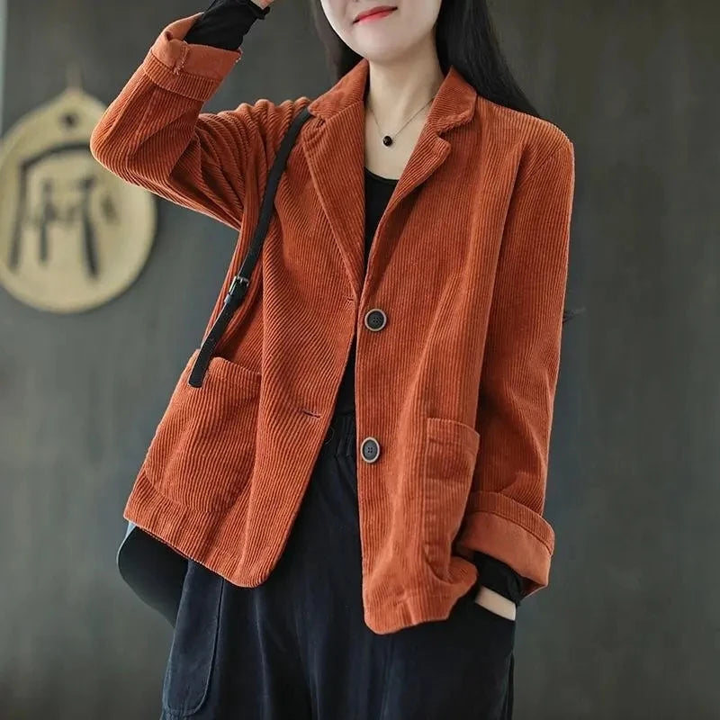 Women's Corduroy Jacket – Retro Loose Fit, Square Collar, Autumn-Winter
