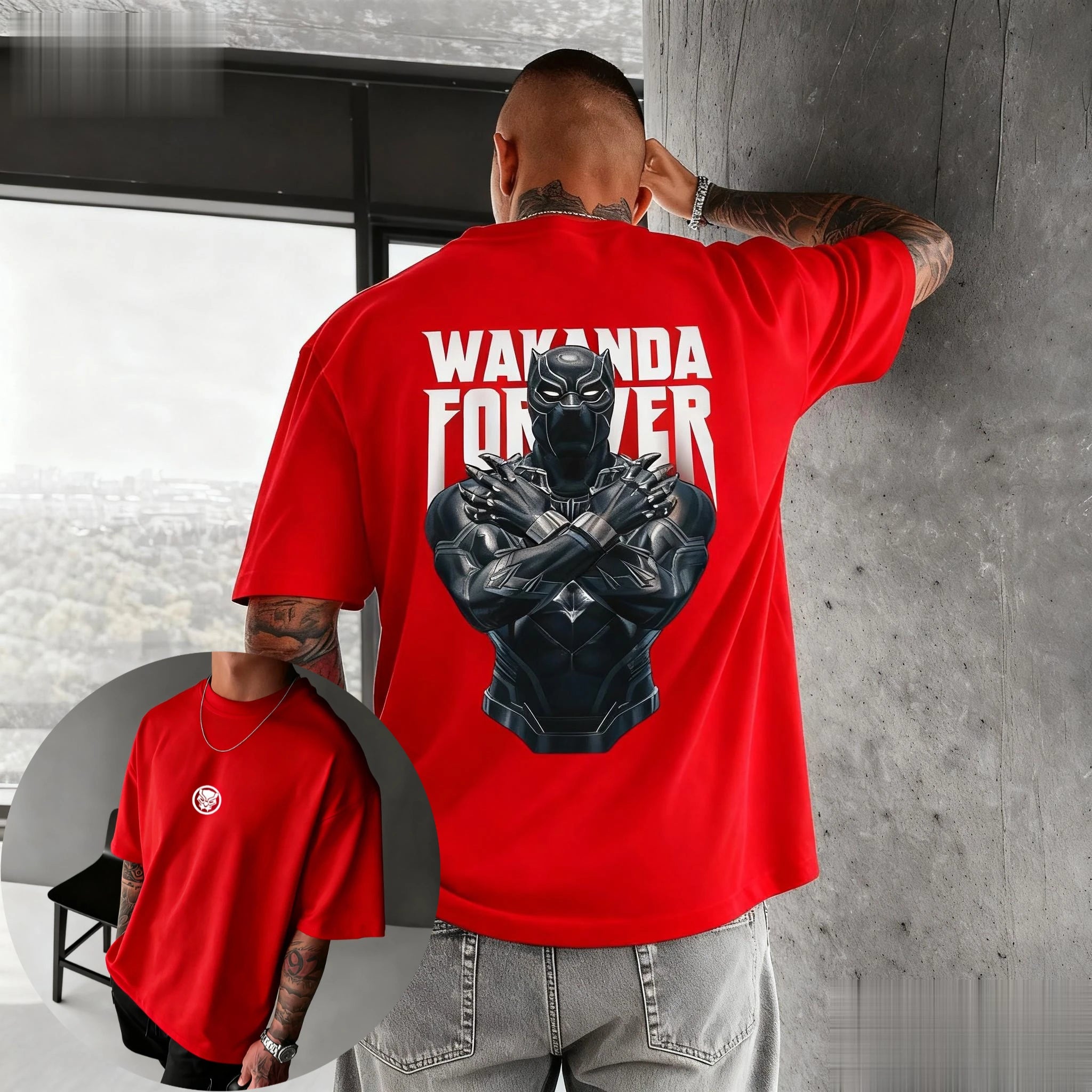 The Man's Multi-color T-shirt with Black Panther Pattern and Striped Background Design Is A Surprising Casual Streetwear