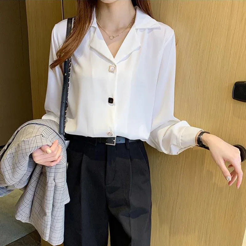 Spring Autumn Elegant Women Shirts 2025 Solid V Neck Buttons Chiffon Blouse Loose Casual Korean Trendy Black Straight Mujer Tops