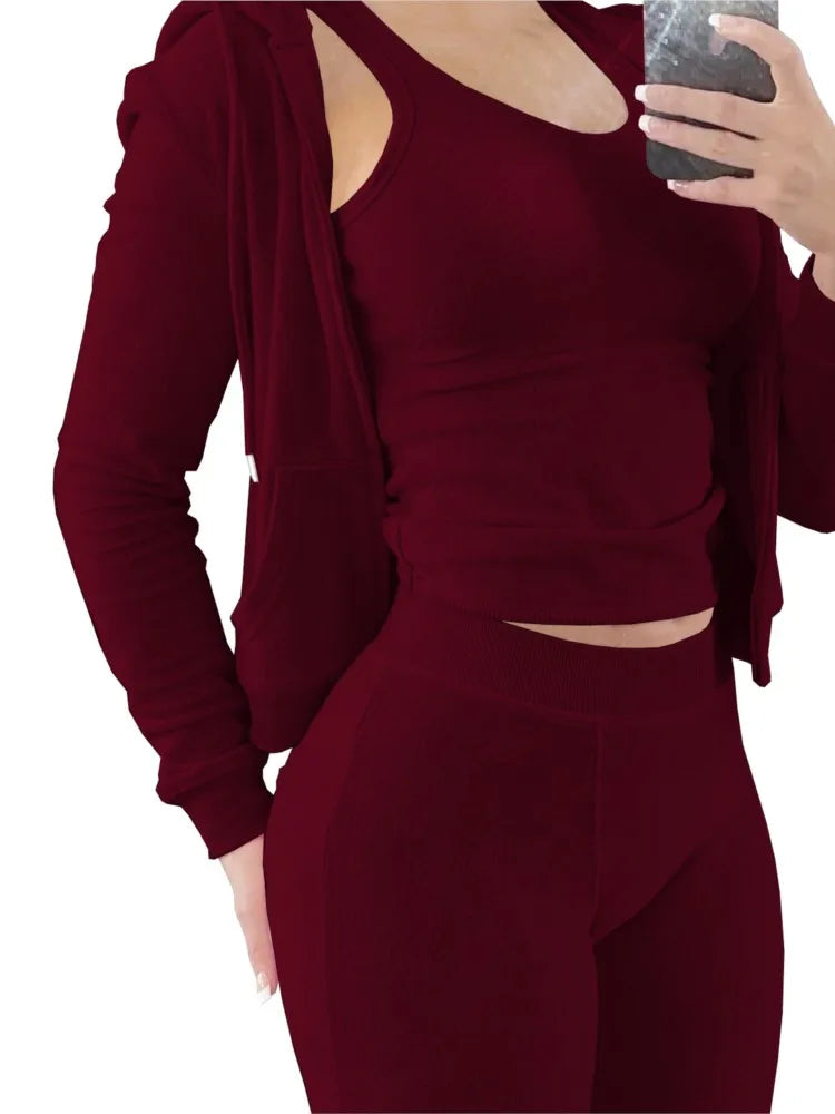 Ensemble 3 Pièces Femme Automne Hiver - Sweat Gilet Pantalon Velours