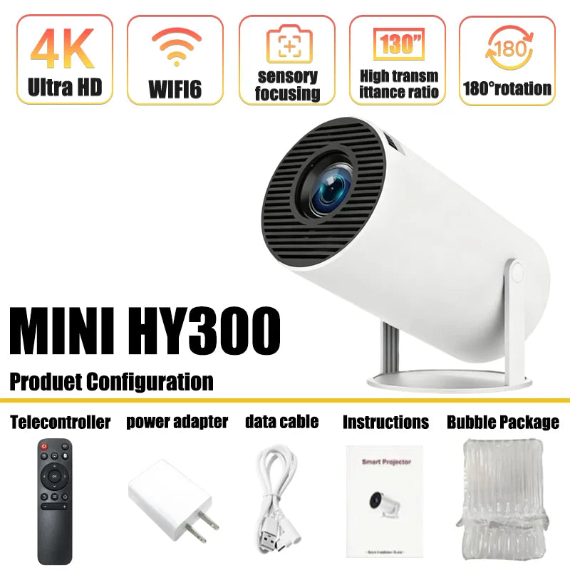 Projecteur Portable HY300 4K Android 11 - Mini Vidéoprojecteur WiFi6 260 ANSI Lumens