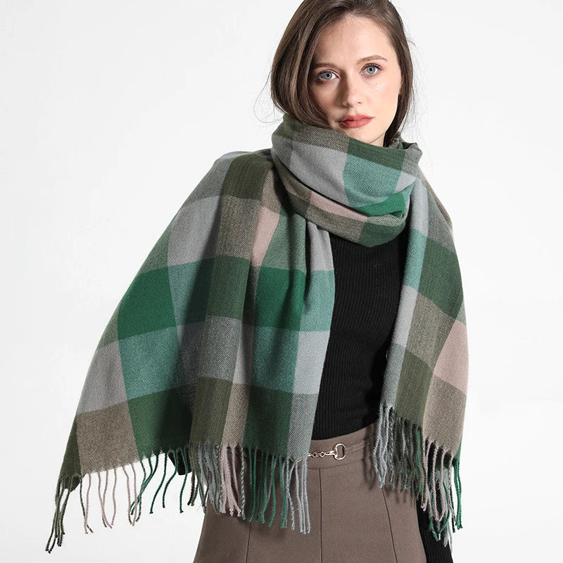 Women's Checkered Shawl Scarf – Soft & Warm Cashmere | 14 Colors