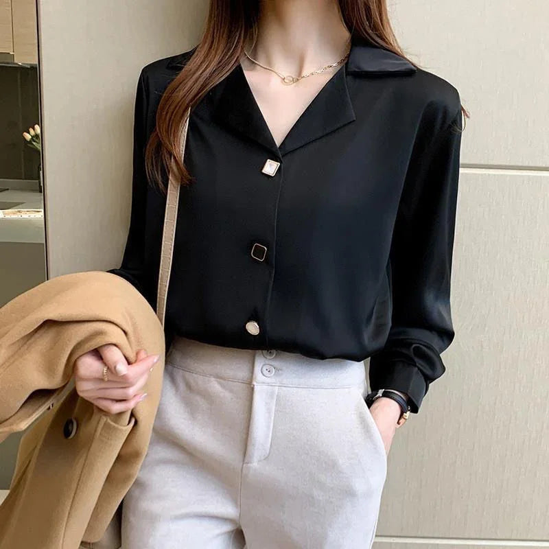 Spring Autumn Elegant Women Shirts 2025 Solid V Neck Buttons Chiffon Blouse Loose Casual Korean Trendy Black Straight Mujer Tops