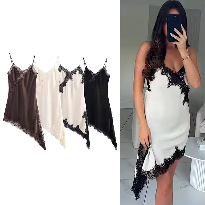 Mode Féminine Sexy Col V Dentelle Élégante Robe Halter Asymétrique Ourlet Robe 2026 Été Nouvelle Mode Vacances Fête Robes de Plage
